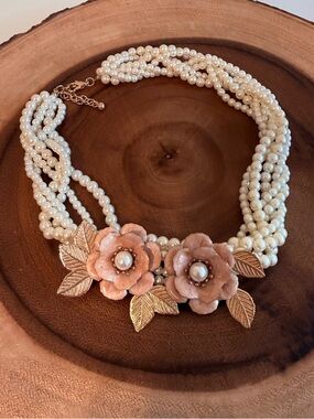 Multi-Strand Faux Pearl Necklace with Blush Flower Accents